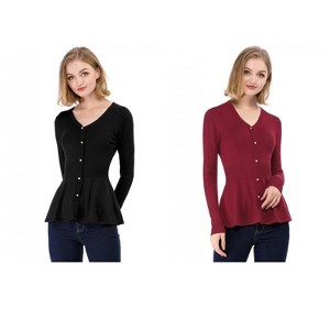 Allegra K Women's Slim Fit V-Neck Long Sleeve Ribbed Knitted Peplum Top 2 Packs - 1 of 4