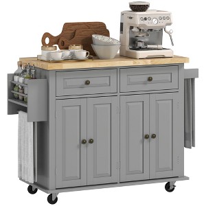 HOMCOM Kitchen Island on Wheels, Rolling Cart with Rubberwood Top, Spice Rack, Towel Rack and Drawers for Dining Room - 1 of 4