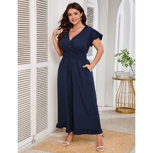 Womens Plus Size Short Sleeve Smocked Waist Wide Leg Summer Jumpsuits - 1 of 4