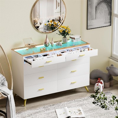 PAKASEPT White Dresser with LED Lights, 8 Drawer Dressers with Tempered Glass Top