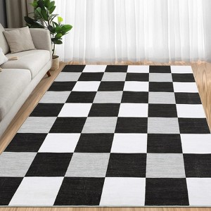 Acekool 5x7 Washable Area Rug, Modern Checkered Plaid, Non-Slip, Stain Resistant Ultra-Thin Low Pile Carpet for Living Room, Bedroom, Grey - 1 of 4
