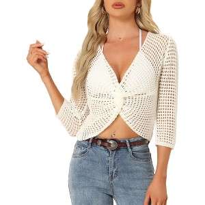 Allegra K Women's V Neck Twist Front Long Sleeve Hollow Out Knit Crop Top - 1 of 4
