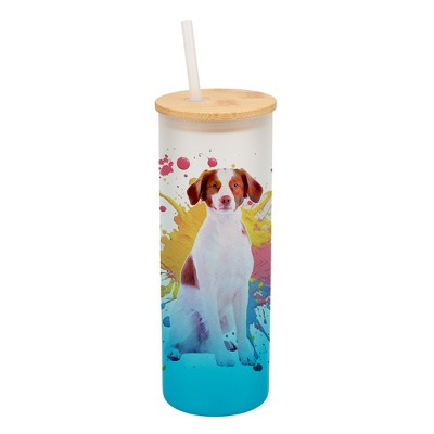 100 North 25 Ounce Frosted Glass Gradient Travel Tumbler With Straw & Wooden Lid, Brittany Spaniel Paint Splatter Sky Blue