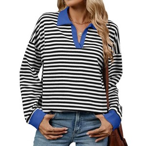 Coolmee Women's Striped Tops V Neck Color Block Sweatshirts Long Sleeve Shirts Loose Fit Outfits - 1 of 4