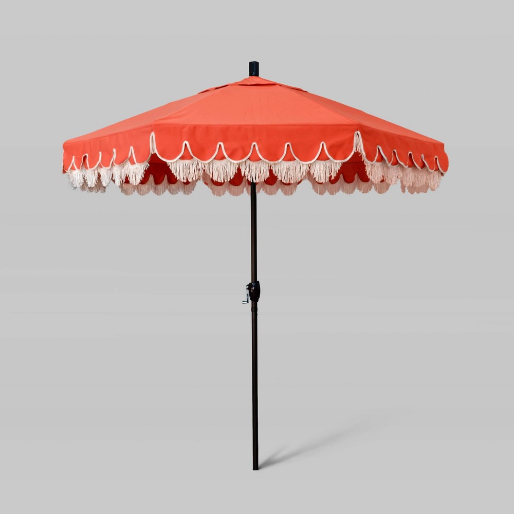 Photos - Parasol 7.5' x 7.5' Sunbrella Scallop Base Market Patio Umbrella with White Fringe