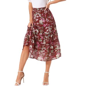 INSPIRE CHIC Women's Floral Elastic Waist Tiered Ruffle Boho Midi Skirts - 1 of 4