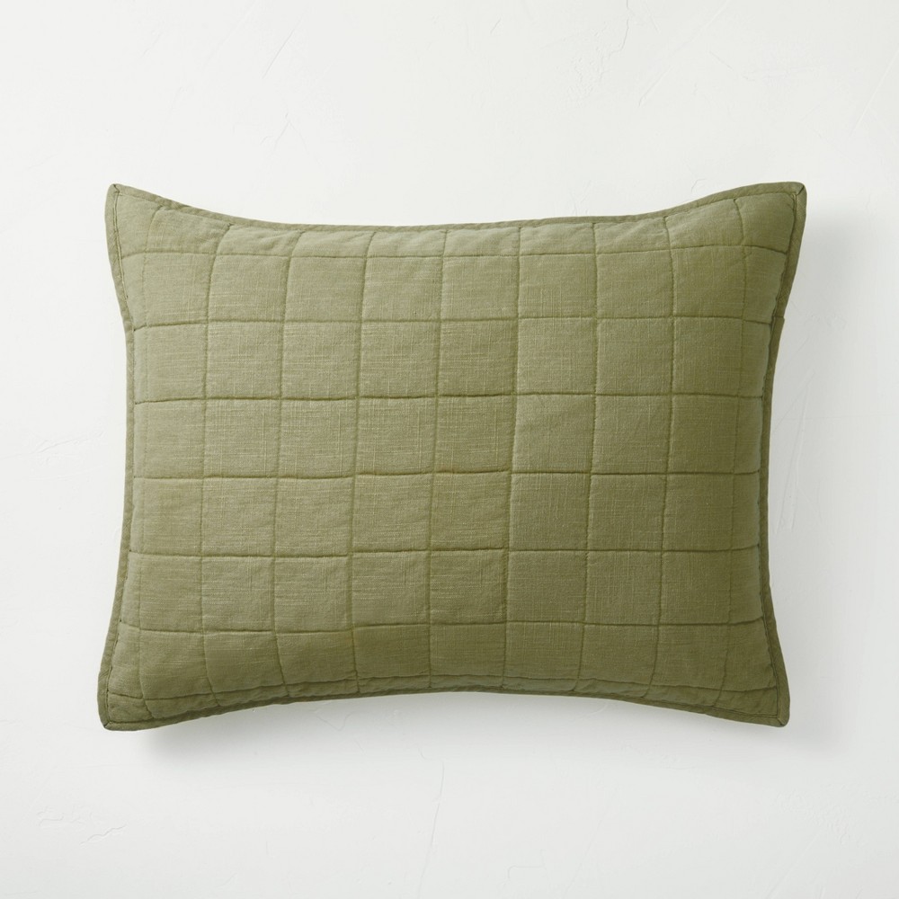 Photos - Pillowcase Standard Heavyweight Linen Blend Quilt Pillow Sham Moss Green - Casaluna™