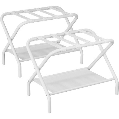 Luggage Rack, Foldable Suitcase Stand with Fabric Storage Shelf, Luggage Holder with 4 Nylon Straps