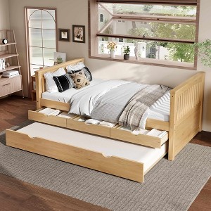 TIRAMISUBEST Twin Size Platform Bed Frame with Trundle, Solid Wood Storage Daybed with 3 Drawers - 1 of 4