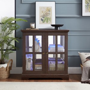 Display Cabinet With Glass Doors Lighted Accent Corner Curio Cabinet With Adjustable Shelves Glass Display Case With LED Light Strip,  Brown - 1 of 4