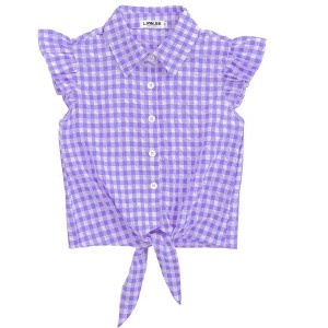 Girls Sleeveless Plaid Button Down Shirt Summer Crop Tops Tie Knot Ruffle Sleeve Shirt Blouse 3-12Y - 1 of 4