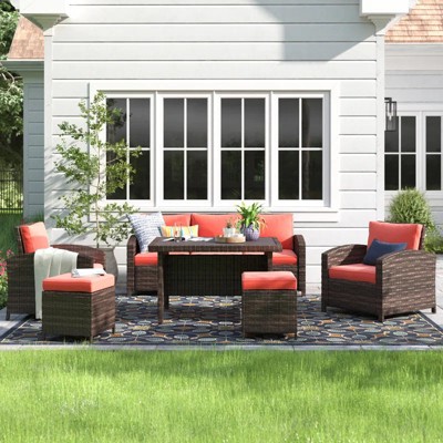 Chic Crate - Parkhurst 6-Piece All-Weather Rattan Outdoor Set with Vibrant Orange Cushions & Table