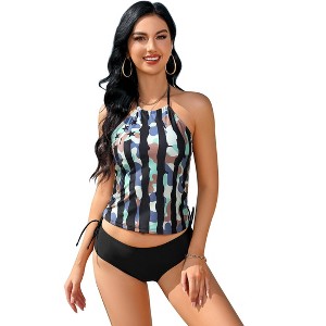 Floral Print High Neck Tankini Swimsuit Set with Tummy Control for Women - 1 of 4
