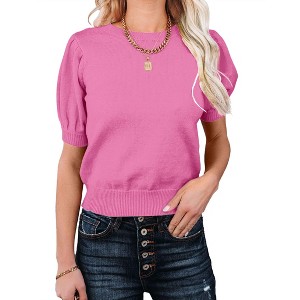 Coolmee Women's Puff Short Sleeve Sweater Tops Fashion Business Casual Knit Crew Neck T Shirts Outfits Work Blouses Clothes - 1 of 2