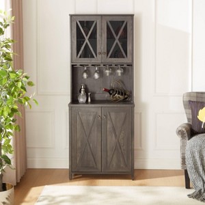 Gulches Tall Rustic Dark Gray Bar Cabinet Multi Purpose Storage with Glass Barn Doors, 5 Wine Racks and Hidden Shelves - 1 of 4