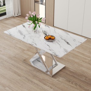 63" Imitation Marble Kitchen Dining Table,Dining Table With X Shaped Legs And Stainless Steel Base,Rectangular Office Desk-Cuddlewood - 1 of 4