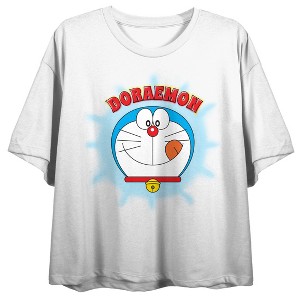 Doraemon Character Face With Tongue Out Crew Neck Short Sleeve Women's White Crop Top - 1 of 3