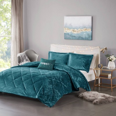 Teal Crushed Velvet Quilted Full/Queen Duvet Set