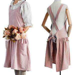 Women's Cotton Linen Cross Back Apron with Pockets - Turquoise with Waist Ties, for Gardening, Cleaning, and Cooking - 1 of 4