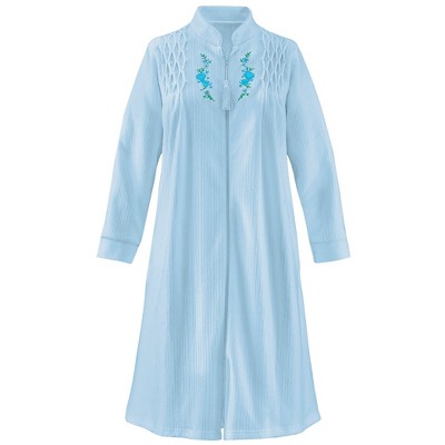Collections Etc Smocked Embroidered Floral Zip-Front Long Sleeve Robe
