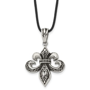 Black Bow Jewelry Stainless Steel & Leather Cord Antiqued Fleur de lis Necklace, 20 Inch - 1 of 4