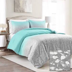 2pc Twin Glitter Ombre Metallic Print Kids' Comforter Set Aqua/Gray - Lush Décor: Teen Bedding, Microfiber, Breathable - 1 of 4