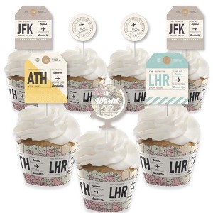 Big Dot of Happiness World Awaits - Cupcake Decoration - Travel Themed Party Cupcake Wrappers and Treat Picks Kit - Set of 24 - 1 of 4