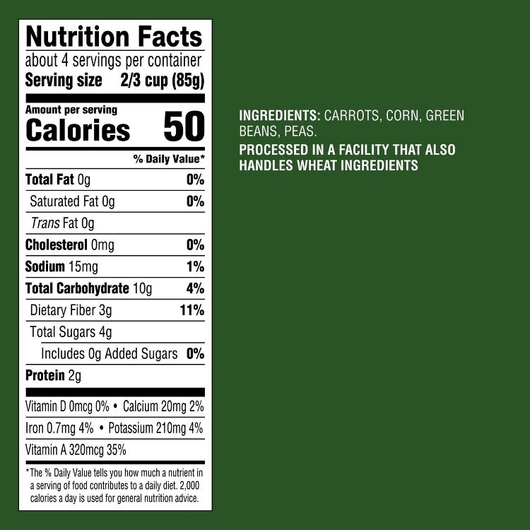 Nutrition label showing 50 calories per serving with ingredients listed as carrots, corn, green beans, and peas.