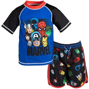 Marvel Avengers Spider-Man Captain America Hulk Iron Man Pullover Rash Guard & Swim Trunks Outfit Set Toddler to Big Kid - 1 of 4