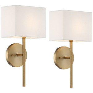 Possini Euro Design Modern Wall Light Sconces Set of 2 Warm Brass Hardwired 8" Fixture Linen Shade for Bedroom Living Room - 1 of 4
