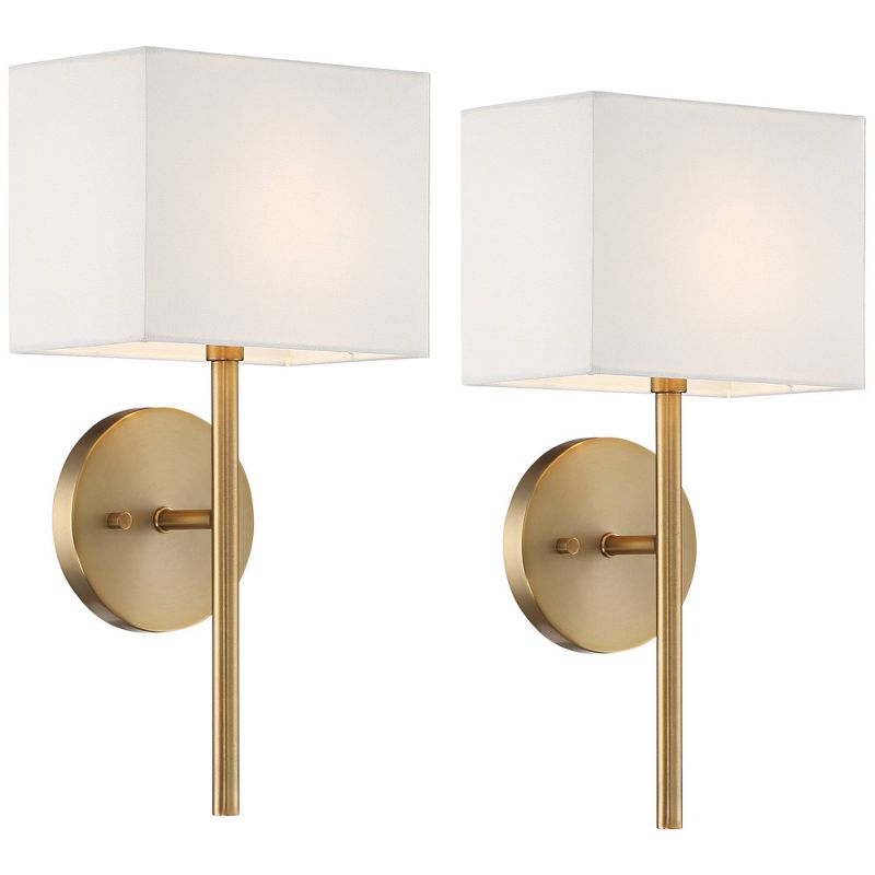 Possini Euro Design Modern Wall Light Sconces Set of 2 Warm Brass Hardwired 8" Fixture Linen Shade for Bedroom Living Room, 1 of 9