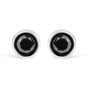 Silver Round Brilliant-Cut Bezel-Set Black Diamond Stud Earrings - 1 of 4