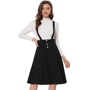 Allegra K Women's High Waist Solid Color Button Decor Flared Midi Suspender Skirt - 1 of 4