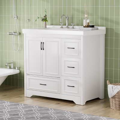 DOMETOUR 36'' Bathroom Cabinet, White, 2 Doors & 4 Drawers, 35.8''W x 19.7''D x 35.4''H, No Basin.