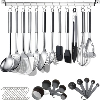BRINJOY 38-Piece Stainless Steel Kitchen Cooking Utensil Set, Kitchen Tool Set with Cutlery Rack and Hooks, Dishwasher Safe