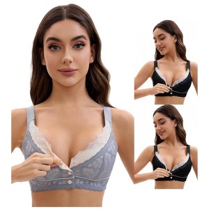 INSPIRE CHIC Front Closure for Women's Lace Full Coverage V Neck Wirefree Adjustable Straps Bras 3 Packs - 1 of 4