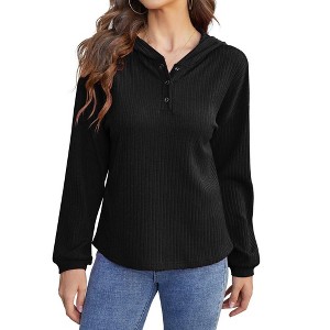 Whizmax Women's V-neck Spring T-shirt Thin Casual Loose Button Up Pullover Hoodies Black L - 1 of 4