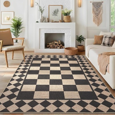 Easy Jute Look Runner Rug Machine Washable, Checkerboard Low Pile Non-Slip Carpet for Kitchen Laundry Patio Indoor Outdoor Use