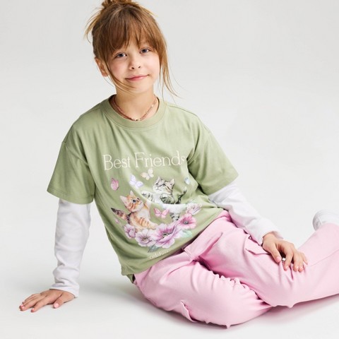 Cat & Jack Girls' Short Sleeve 100% Cotton 'Kitten Best Friends' Oversized Graphic T-Shirt - Cat & Jack™ Olive Green M