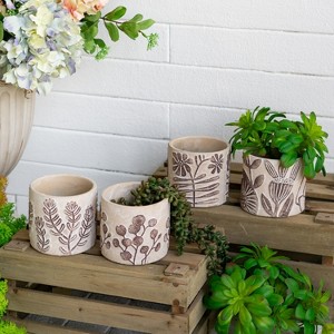 Moda Furnishings 4PCS Gray Sand and Cement Planters with Brown Botanical Motifs - 1 of 3