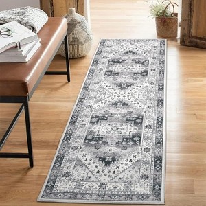 Vintage Runner Rug – Gray Low Pile Washable Carpet, Stain-Resistant, Fade-Resistant, Non-Slip for Entryway, Dining, or Bedroom - 1 of 4