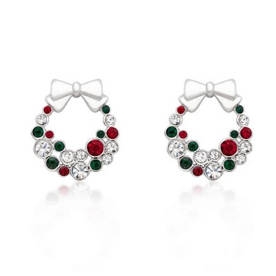 ShineHigh Holiday Wreath Crystal Earrings – Festive Multi-Color, Clear, and Champagne Crystal Hoops with Elegant Bow – Rhodium & Goldtone Finishes