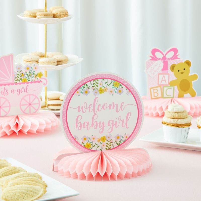 6 Pack (2 of Each) Baby Shower Table Honeycomb Decorations for Girls, 3 Assorted Design, Pink, 8.25 x 7.5 inches, 2 of 8