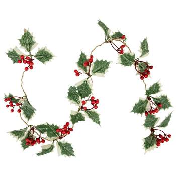 Northlight Pre-Lit B/O Holly and Berry Christmas Garland - 3.25' - Warm White LED Lights