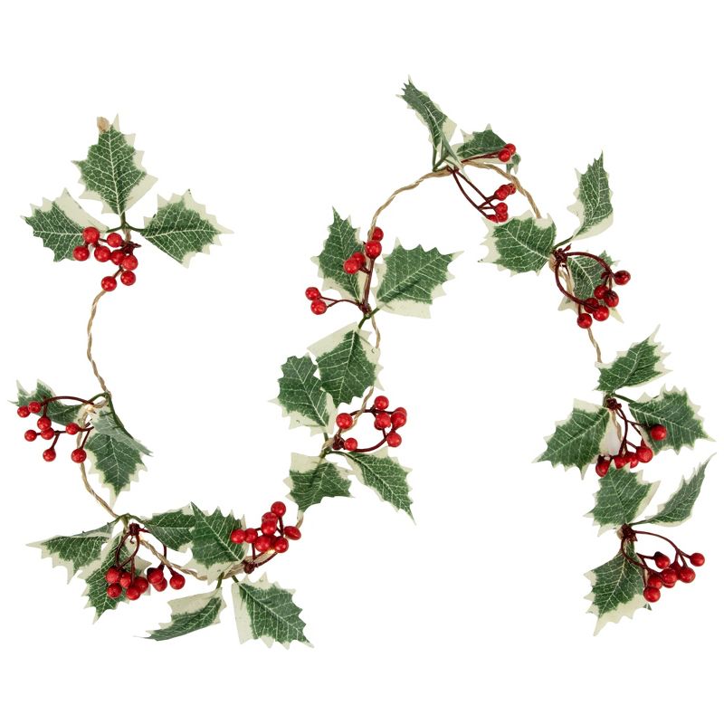 Northlight Pre-Lit B/O Holly and Berry Christmas Garland - 3.25' - Warm White LED Lights, 1 of 4