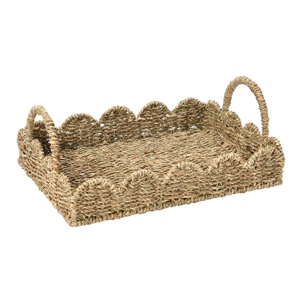 Household Essentials Tray with Scalloped Edge Seagrass: Multicolored Wicker Decorative Basket Tray, 13.8" x 9.84"