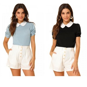 Allegra K Women's Vintage Peter Pan Collar Contrast Puff Short Sleeve Blouse 2 Packs - 1 of 4