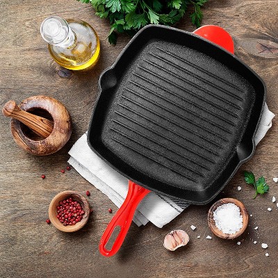 NutriChef 11" Red Cast Iron Skillet Grill Pan with Porcelain Enamel Coating
