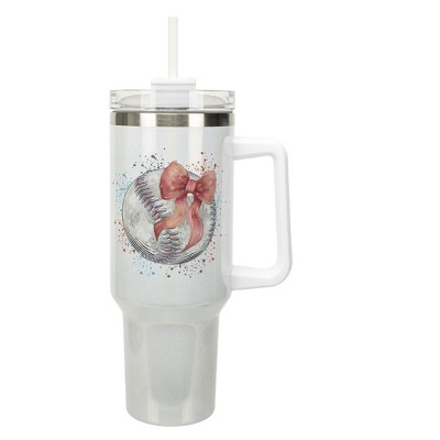 Elanze Designs Yay Team! Baseball & Bow Paint Splatter Coquette 40 Oz. Stainless Steel Water Bottle Coffee Mug, Spill & Leak Resistant, Travel Tumbler