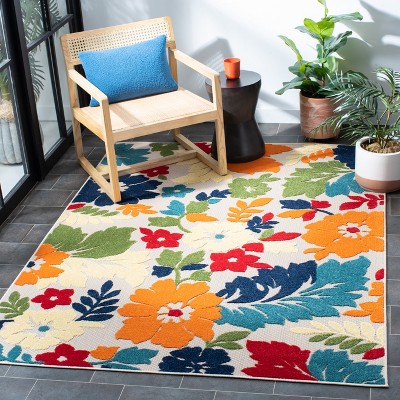 Ivory and Orange Floral Synthetic Indoor/Outdoor Area Rug